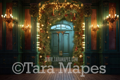 Ornate Green Christmas Door Digital Backdrop - Christmas Digital Background JPG
