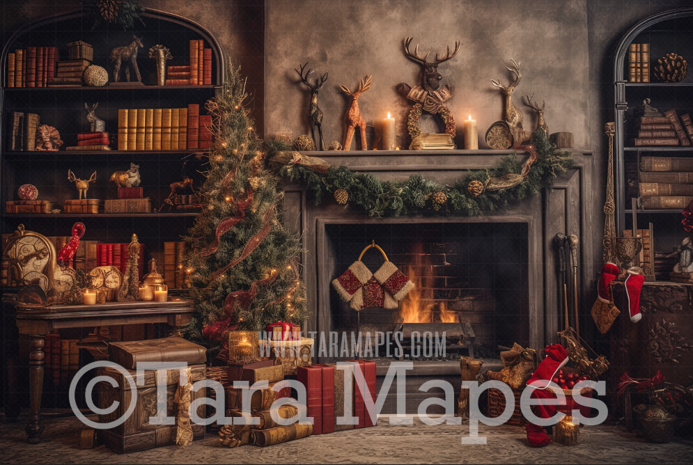 Cozy Christmas Fireplace Digital Backdrop - Ornate Christmas Room  - Christmas Mantle Digital Background JPG