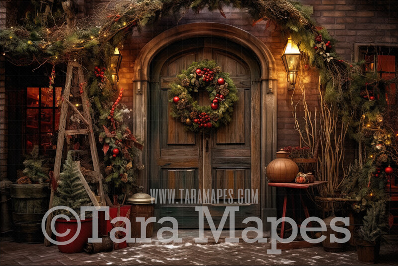 Rustic Christmas Door Digital Backdrop - Christmas Digital Background JPG