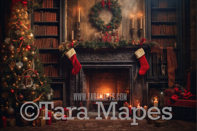 Cozy Christmas Fireplace Digital Backdrop - Ornate Christmas Room  - Christmas Mantle Digital Background JPG