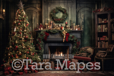Cozy Christmas Fireplace Digital Backdrop - Ornate Christmas Room  - Christmas Mantle Digital Background JPG