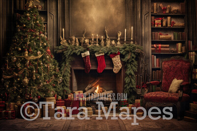 Cozy Christmas Fireplace Digital Backdrop - Ornate Christmas Room  - Christmas Mantle Digital Background JPG