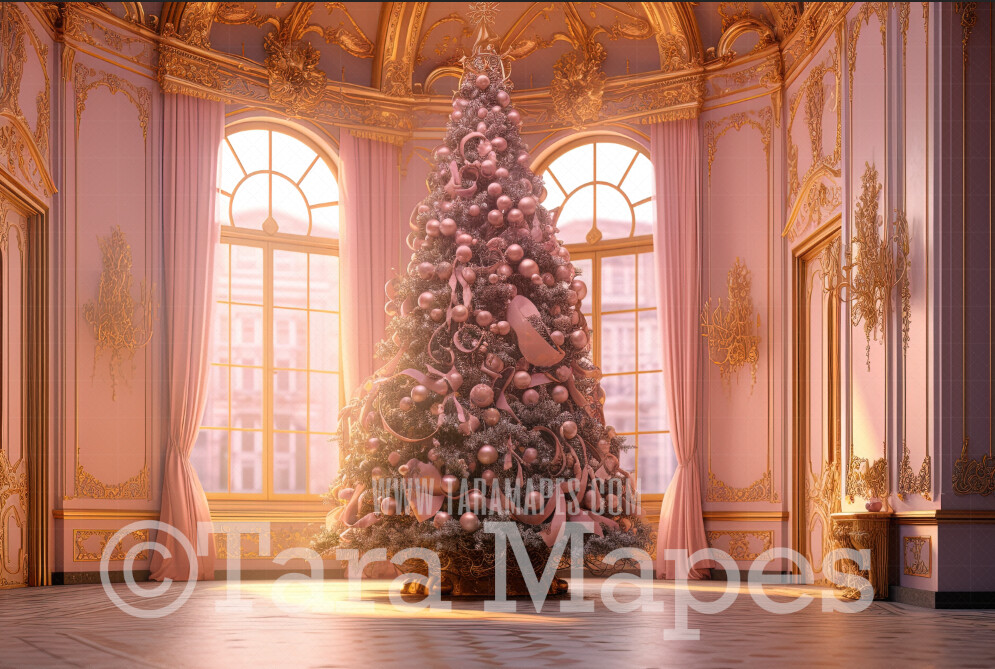 Sugar Pink Christmas Tree Digital Backdrop - Pink and Gold Christmas Digital Background - Vintage Christmas Room - Pastel Pink Christmas Digital Background