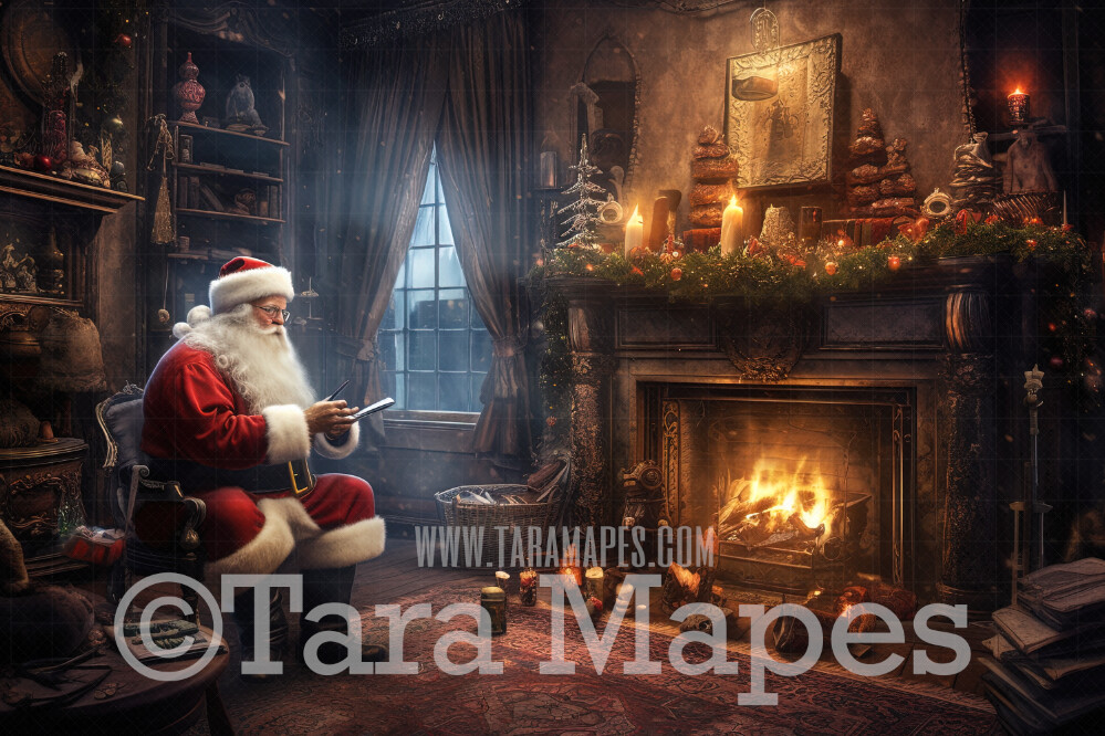 Santa Digital Backdrop - Painterly Santa by Fireplace - Santa Scene with Christmas Tree - Christmas Digital Background JPG File