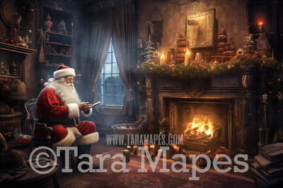 Santa Digital Backdrop - Painterly  Santa by Fireplace - Santa Scene with Christmas Tree -  Christmas Digital Background JPG File
