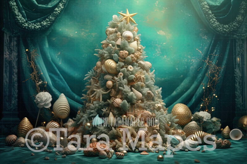 Christmas Digital Backdrop - Mermaid Christmas -  Christmas Mermaid Tree Digital Background