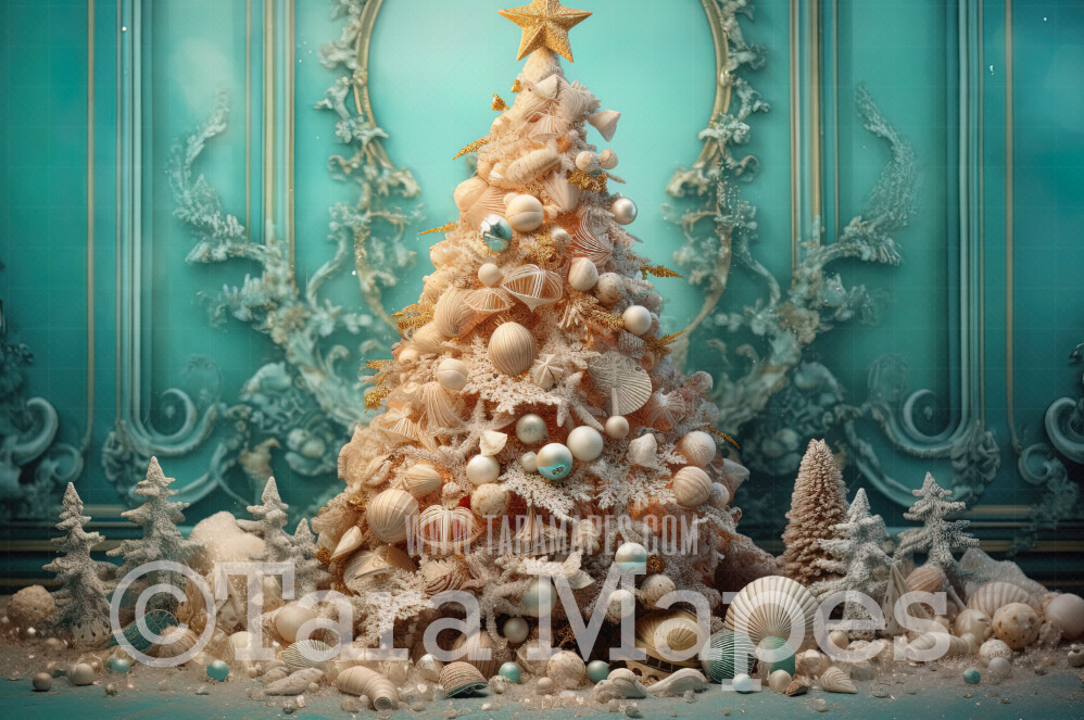 Christmas Digital Backdrop - Mermaid Christmas - Christmas Mermaid Tree Digital Background