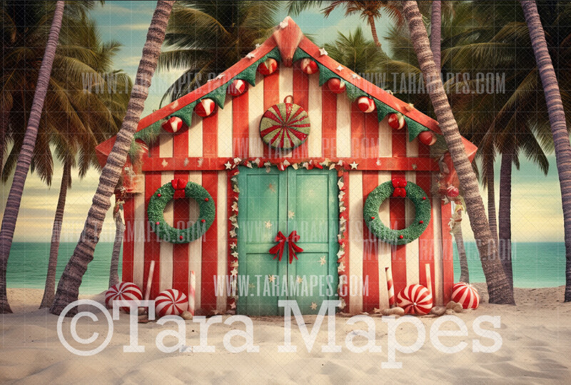 Beach Christmas Digital Backdrop - Beach Santa Shack -Summer Christmas Digital Backdrop  - Christmas Digital Background