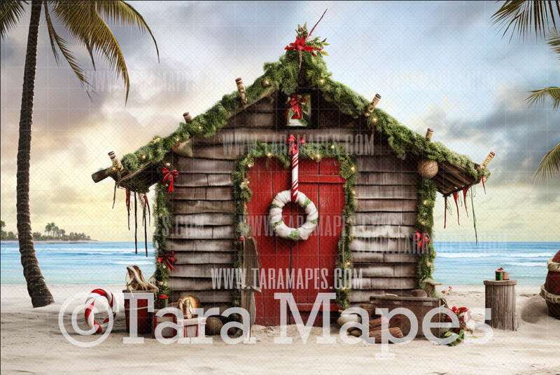 Beach Christmas Digital Backdrop - Beach Santa Shack -Summer Christmas Digital Backdrop  - Christmas Digital Background