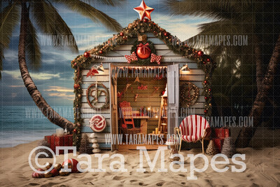 Beach Christmas Digital Backdrop - Beach Santa Shack -Summer Christmas Digital Backdrop  - Christmas Digital Background