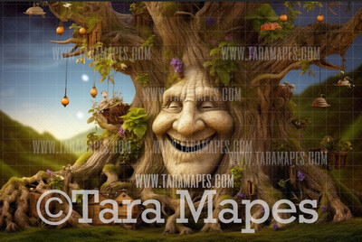 Enchanted Tree with Face - Tree Face in Enchanted Forest  - Talking Tree Digital Background Backdrop - Friendly Tree Digital Backdrop