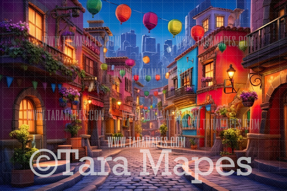 Festive Spanish Mexican Style Street - Dia De Los Muertos - Festive Digital Backdrop