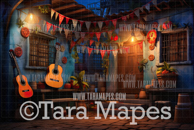 Festive Spanish Mexican Style Digital Backdrop - Guitar - Spanish House - Dia De Los Muertos - Festive Digital Backdrop