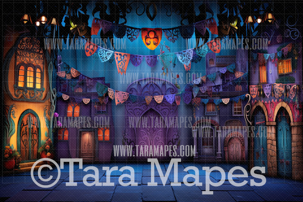 Festive Spanish Mexican Style Street - Dia De Los Muertos - Festive Digital Backdrop