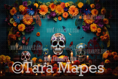 Festive Spanish Mexican Style Digital Backdrop - Sugar Skulls -  Dia De Los Muertos - Festive Digital Backdrop