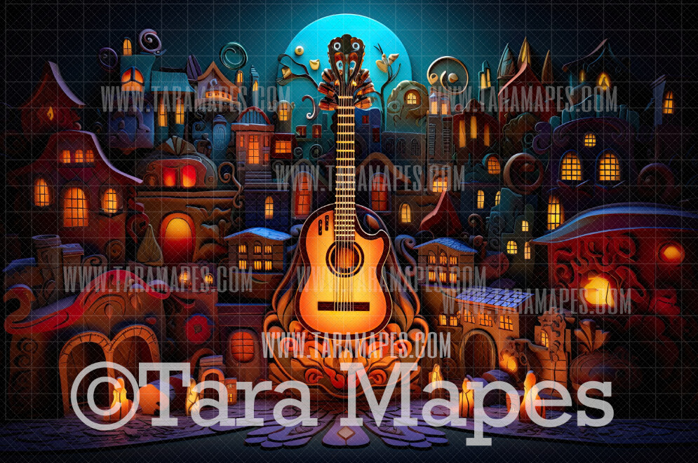 Festive Guitar Spanish Mexican Style Digital Backdrop - Dia De Los Muertos - Festive Digital Backdrop