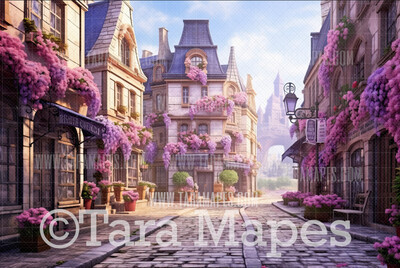 Old World Street Digital Backdrop - Cobblestone street with flowers - Digital Backdrop