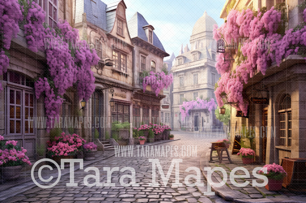 Old World Street Digital Backdrop - Cobblestone street with flowers - Digital Backdrop