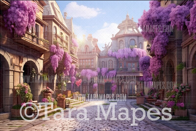 Old World Street Digital Backdrop - Cobblestone street with flowers - Digital Backdrop