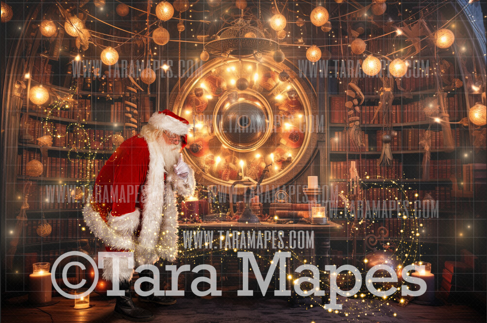 Santa Digital Backdrop - Santa in Steampunk Library Room   -  Magical Santa Christmas Digital Background JPG File