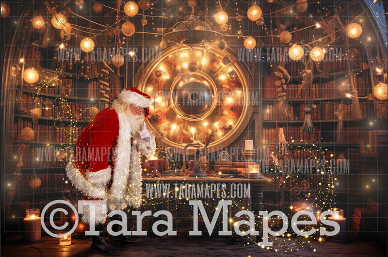 Santa Digital Backdrop - Santa in Steampunk Library Room - Magical Santa Christmas Digital Background JPG File