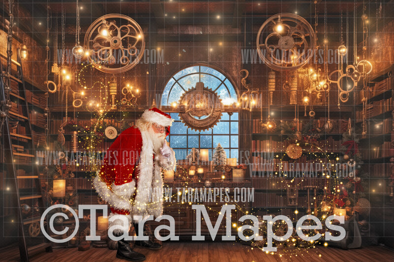 Santa Digital Backdrop - Santa in Steampunk Library Room   -  Magical Santa Christmas Digital Background JPG File