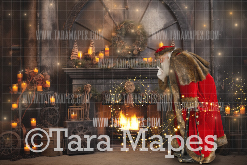 Santa Digital Backdrop - Santa in Steampunk Livingroom  -  Magical Santa Fireplace Christmas Digital Background JPG File