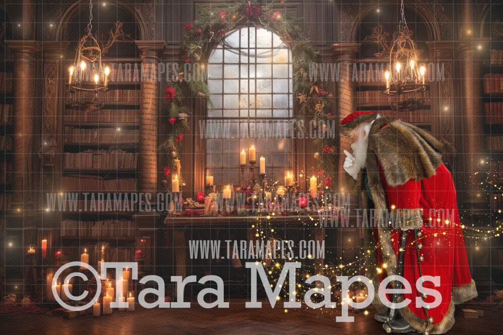 Santa Digital Backdrop - Santa in Rustic Library - Magical Santa Book Room Christmas Digital Background JPG File