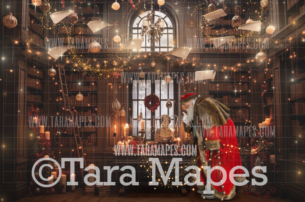 Santa Digital Backdrop - Santa in Magic Library -  Magical Santa Book Room Christmas Digital Background JPG File