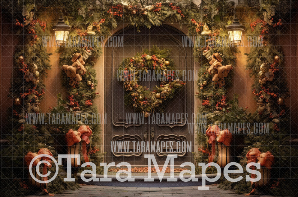 Vintage Christmas Door Digital Backdrop - Vintage Christmas Foyer - Christmas Digital Background