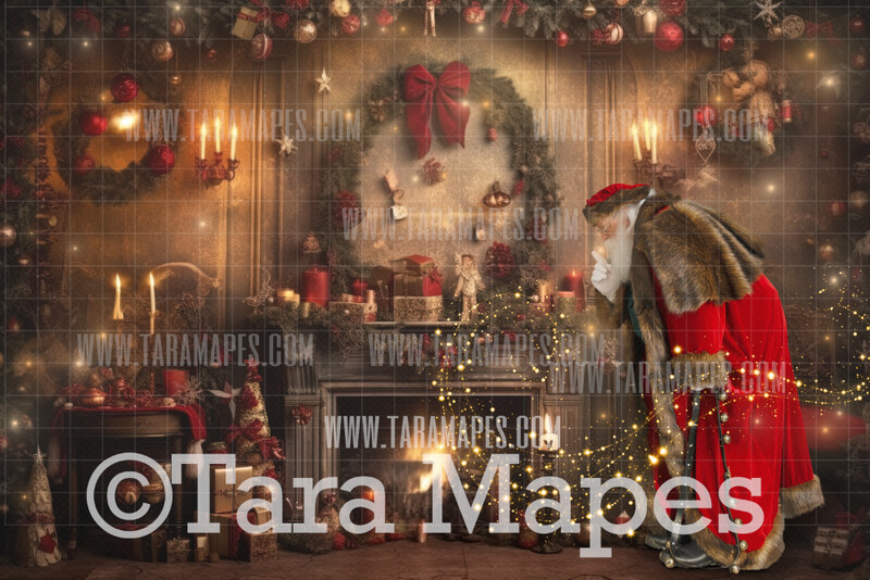 Santa Digital Backdrop - Santa in Rustic Livingroom  -  Magical Santa Fireplace Christmas Digital Background JPG File