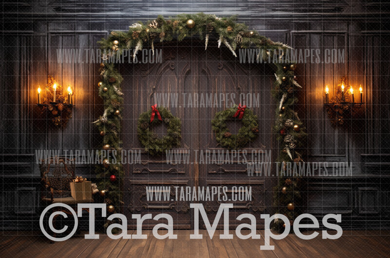 Vintage Christmas Door Digital Backdrop - Vintage Christmas Foyer - Christmas Digital Background