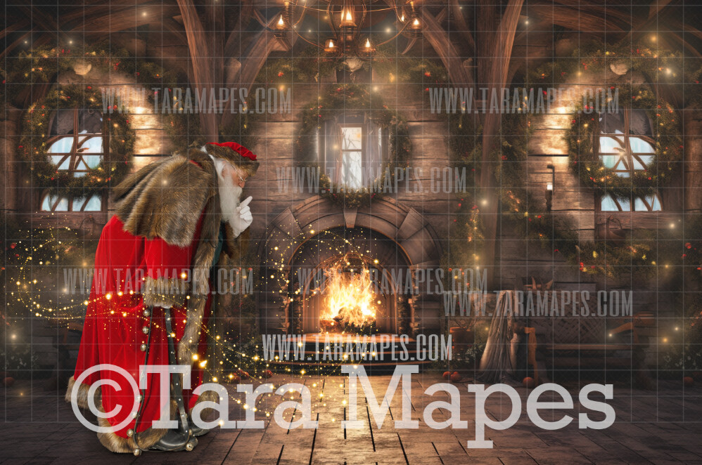 Santa Digital Backdrop - Santa in Rustic Livingroom - Magical Santa Fireplace Christmas Digital Background JPG File