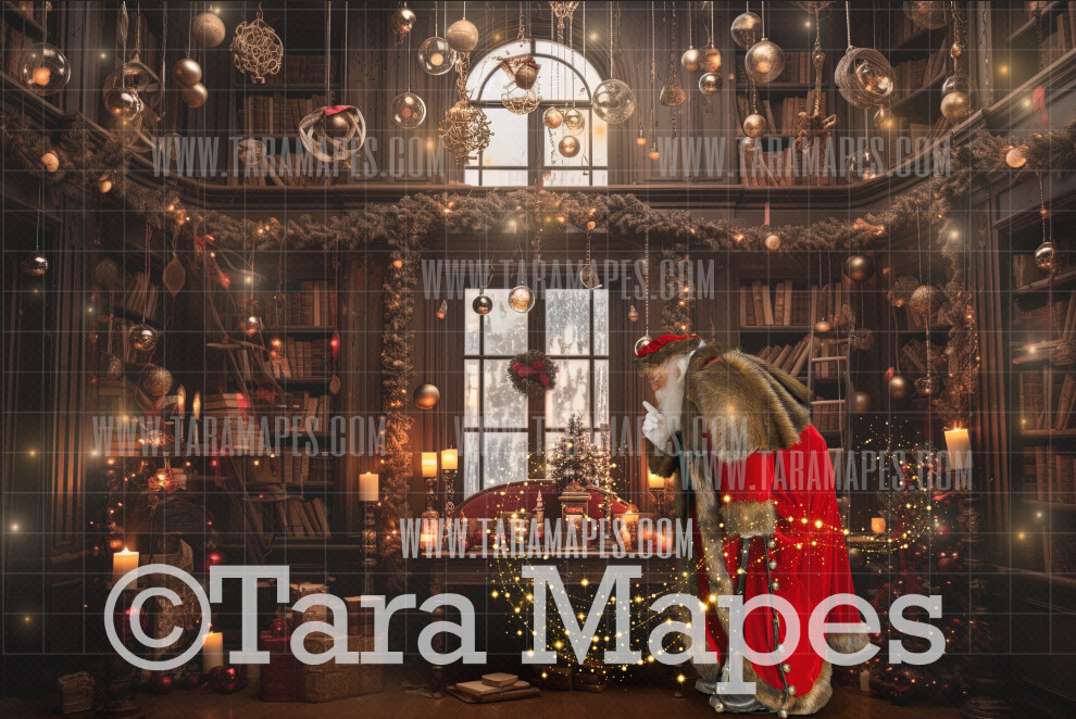 Santa Digital Backdrop - Santa in Magic Library - Magical Santa Book Room Christmas Digital Background JPG File