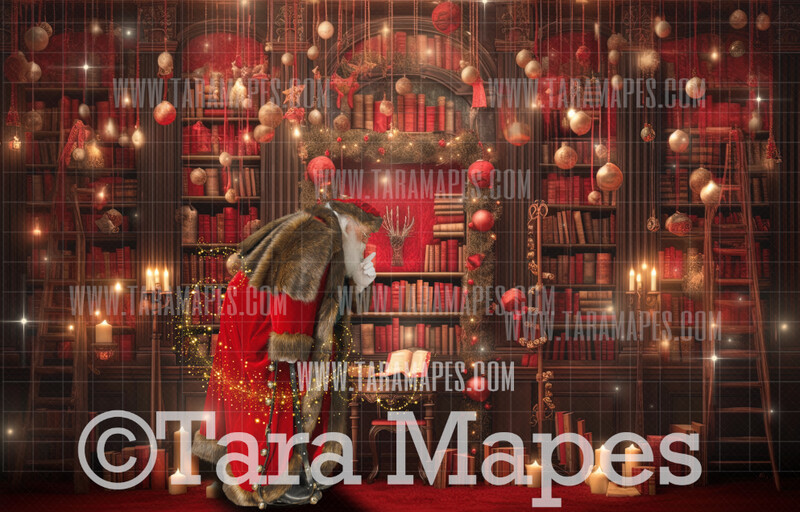 Santa Digital Backdrop - Santa in Red Library Room   -  Magical Santa Christmas Digital Background JPG File