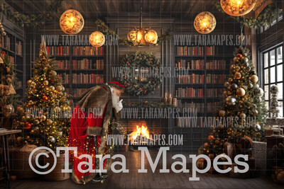 Santa Digital Backdrop - Santa in Magic Library -  Magical Santa Book Room Christmas Digital Background JPG File