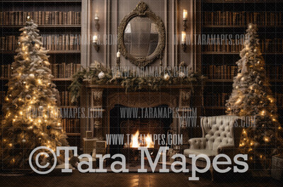 Vintage Christmas Library Digital Backdrop - Vintage Christmas Room   - Christmas Digital Background
