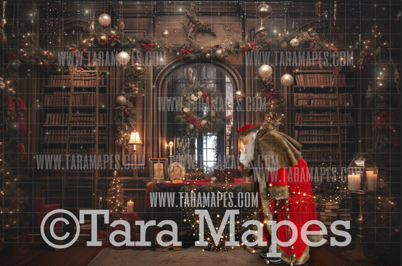 Santa Digital Backdrop - Santa in Magic Library -  Magical Santa Book Room Christmas Digital Background JPG File