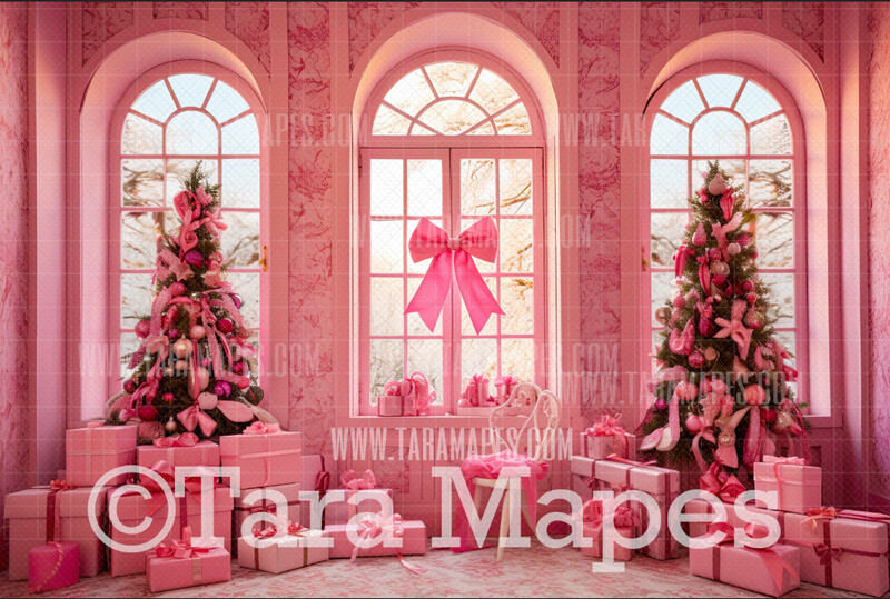 Pink Dollhouse Christmas Digital Backdrop - Christmas Room - Pink Dollhouse Digital Background