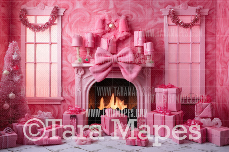 Pink Dollhouse Christmas Digital Backdrop - Christmas Room - Pink Dollhouse Digital Background