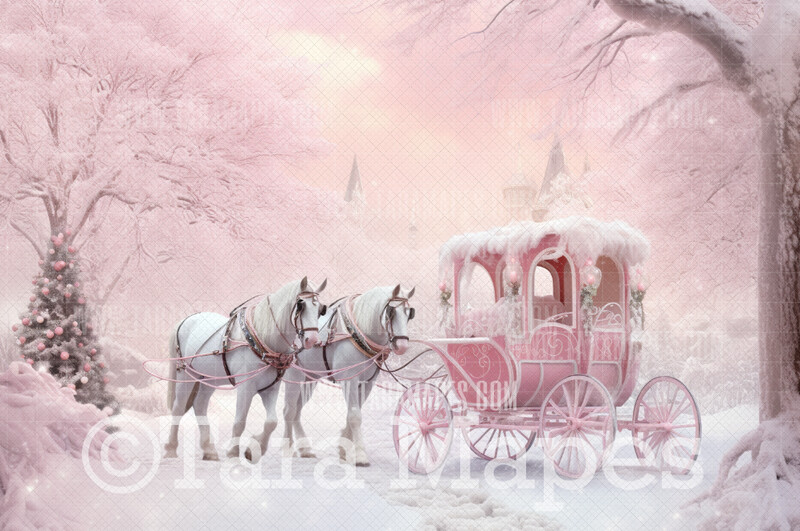 Pink Dollhouse Christmas Digital Backdrop - Pink Christmas Carriage - Pink Dollhouse Digital Background