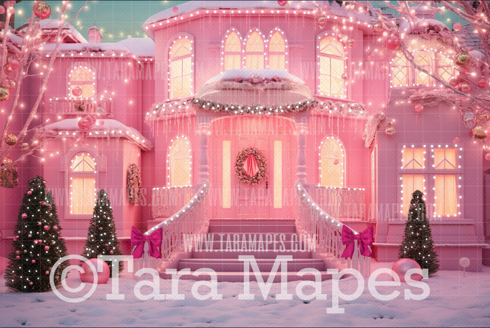 Pink Dollhouse Christmas Digital Backdrop - Christmas Mansion Dreamhouse - Pink Dollhouse Digital Background