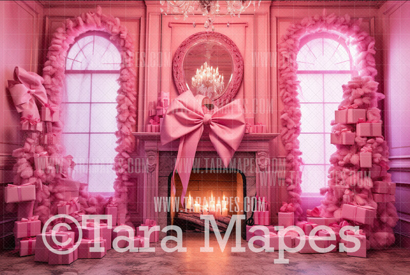 Pink Dollhouse Christmas Digital Backdrop - Christmas Fireplace - Pink Dollhouse Digital Background