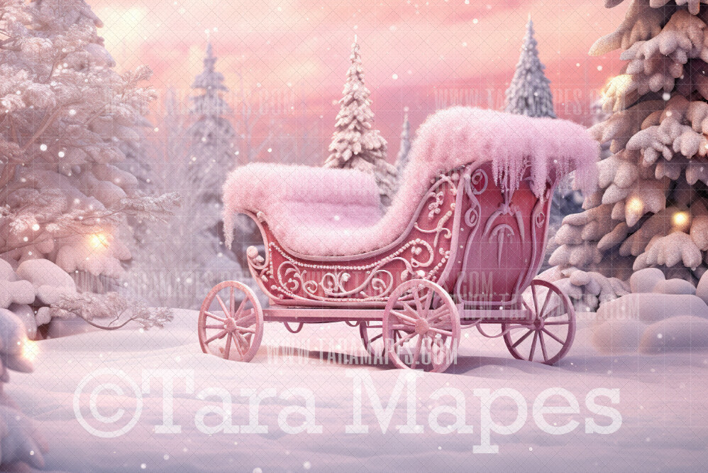 Pink Dollhouse Christmas Digital Backdrop - Pink Christmas Carriage - Pink Dollhouse Digital Background