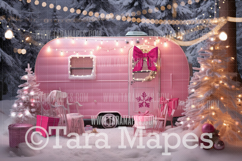 Pink Dollhouse Christmas Digital Backdrop - Pink Christmas Camper - Pink Dollhouse Digital Background