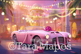 Pink Dollhouse Christmas Digital Backdrop - Dream Sports Car with Bow - Pink Dollhouse Digital Background