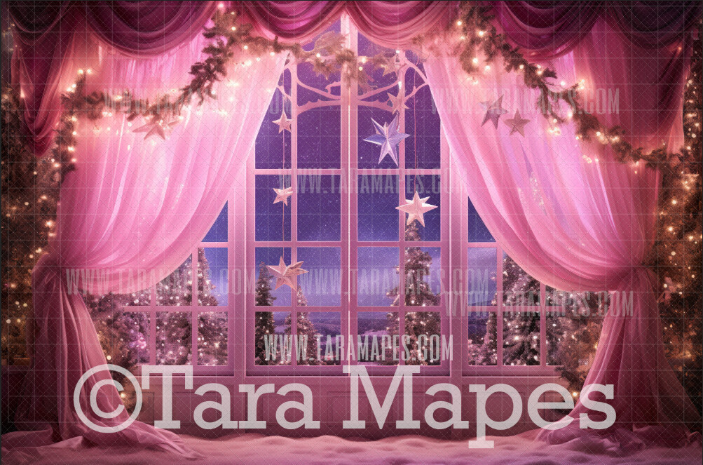 Pink Dollhouse Christmas Digital Backdrop - Christmas Window - Pink Dollhouse Digital Background