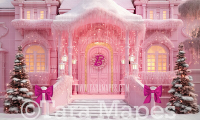 Pink Dollhouse Christmas Digital Backdrop - Christmas Mansion Dreamhouse - Pink Dollhouse Digital Background