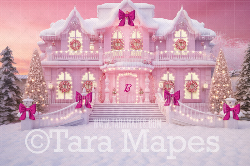 Pink Dollhouse Christmas Digital Backdrop - Christmas Mansion Dreamhome - Pink Dollhouse Digital Background