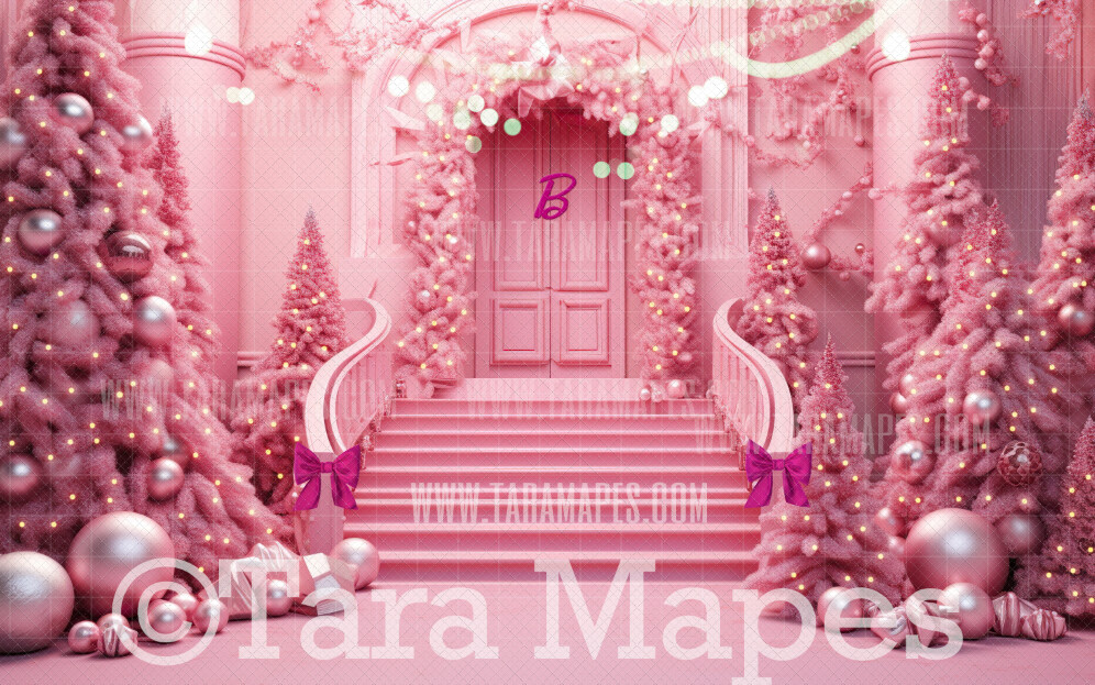 Pink Dollhouse Christmas Digital Backdrop - Christmas Mansion Dreamhouse - Pink Dollhouse Digital Background
